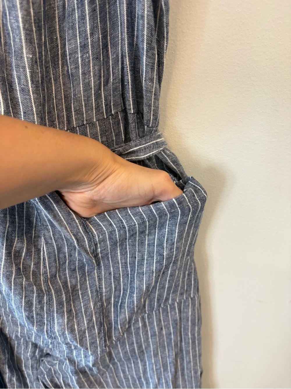 Quince Linen Wide Leg Striped Blue Jumpsuit with Tie Waist Small